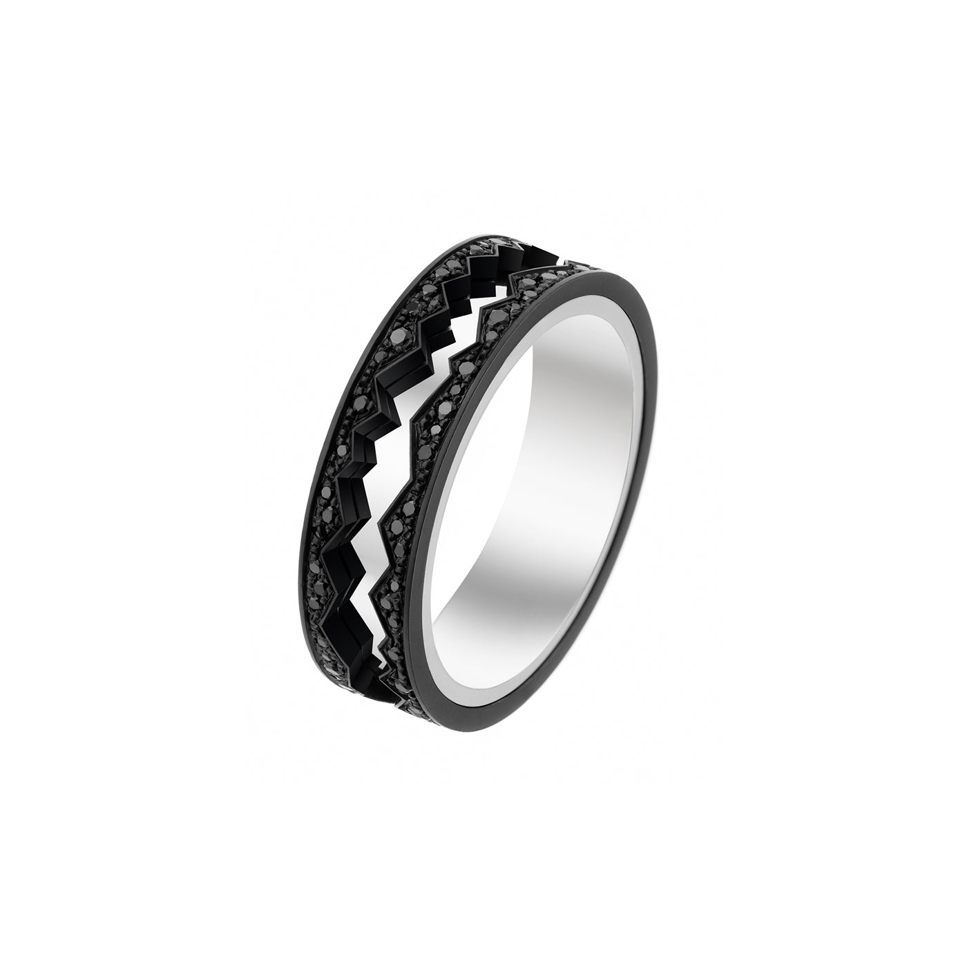 CAPTURE IN MOTION WHITE GOLD AND BLACK GOLD BLACK DIAMOND RING