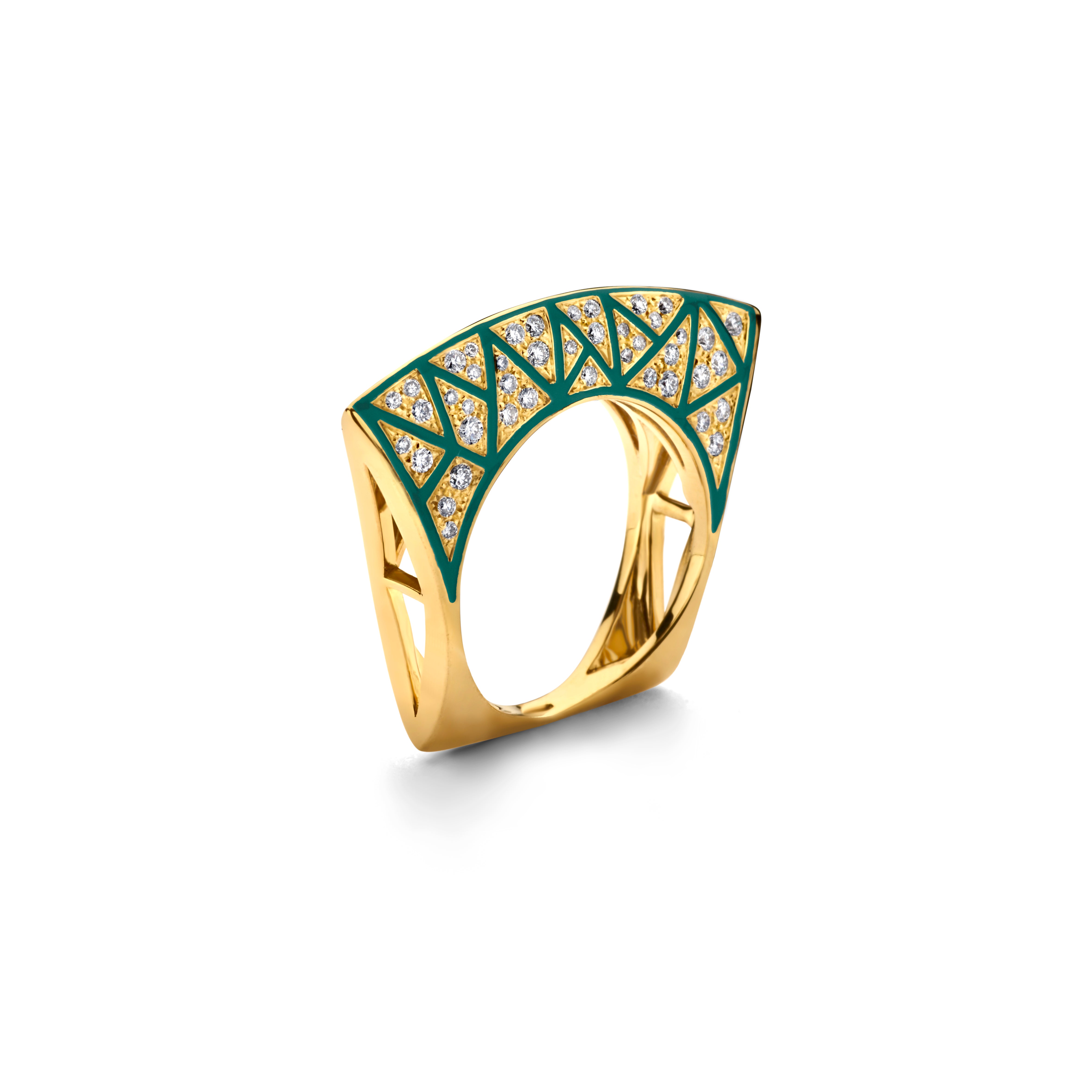 LOTUS RING IN YELLOW GOLD AND GREEN ENAMEL WITH WHITE DIAMONDS